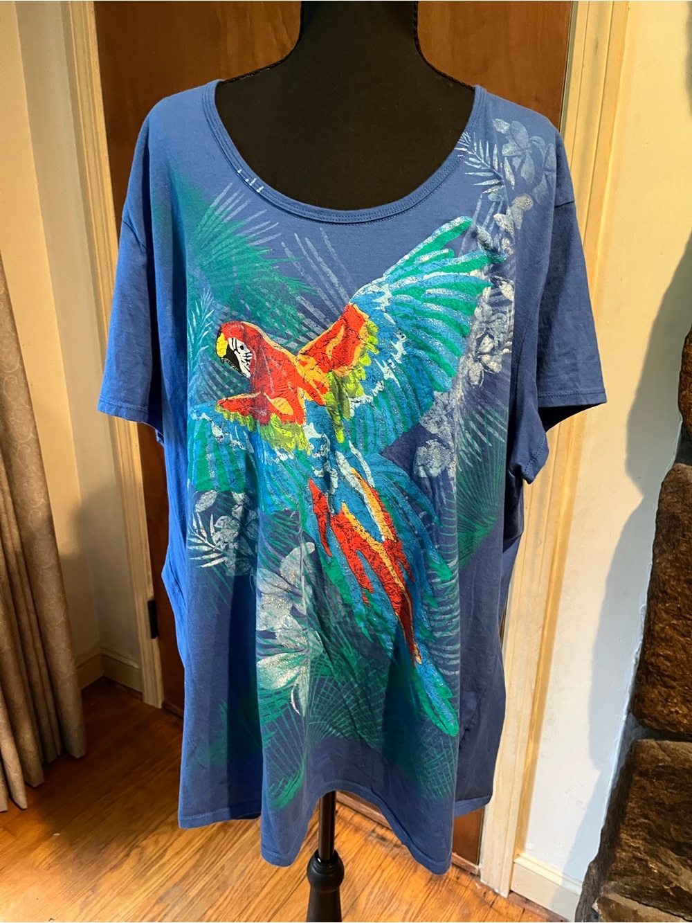 Just My Size Blue T-Shirt with Vibrant Parrot Graphic